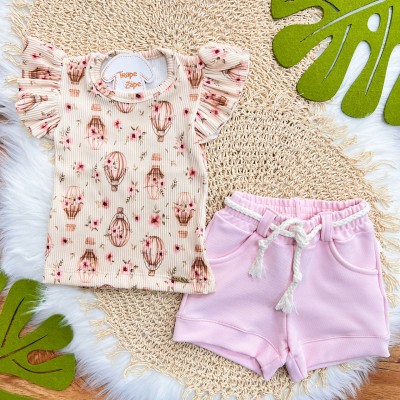 Conj. Blusa Ribana Balões e Short em Moletinho - Rosa e Areia